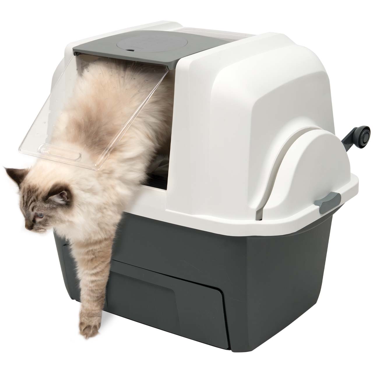 Innovative litter box with lever that scoops the litter for you